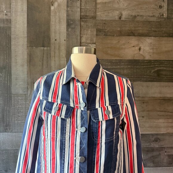 Urban Outfitters BDG jean jacket small red white and blue denim preppy stripes - Picture 2 of 12
